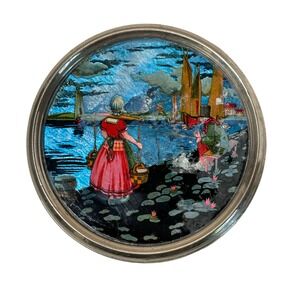 VTG 1930s Art Deco Dutch Foil Painting Trivet Wall Hanging Silver Circle Frame